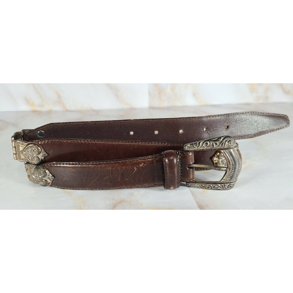 Fossil Women's‎ Silver Toned Metal Hinged Brown Leather Belt Size Medium 30-32”